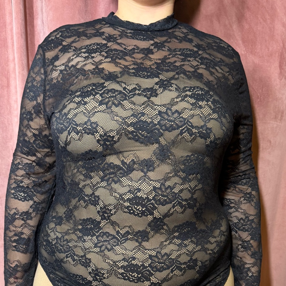 Sheer Black Floral Lace Long Sleeve Top